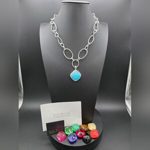 Joan Rivers Silver Chain Necklace with Turquoise Blue Pendant & EXTRA GEMS